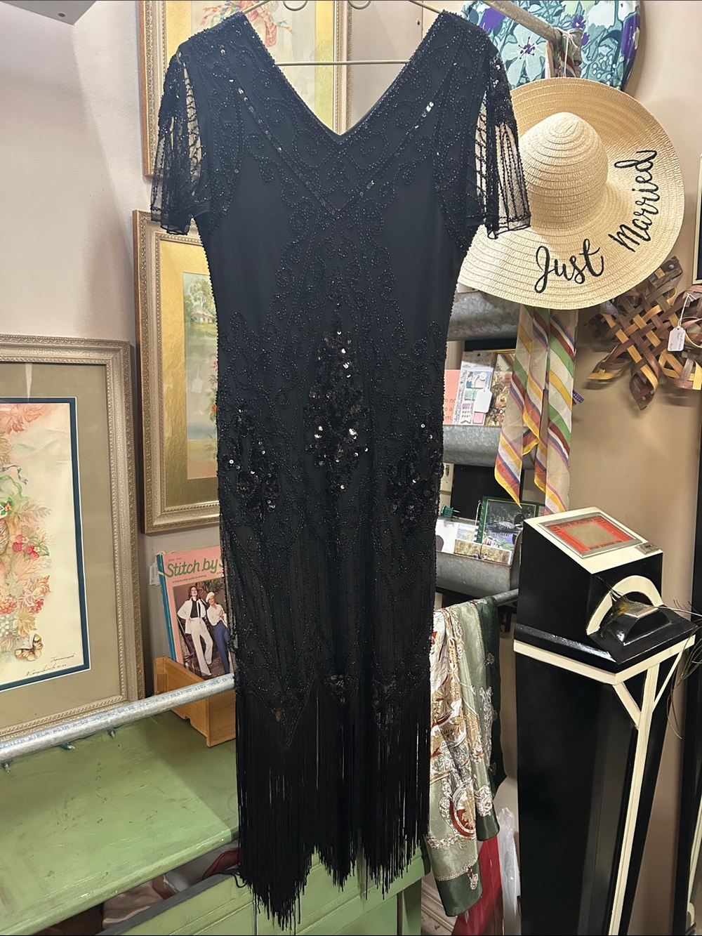 Pretty Guide Sequin & Beaded Black Fringe Midi Dress with V-Neck